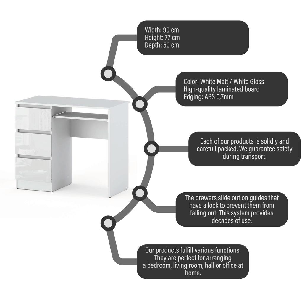 Glänzender Weißer Schreibtisch 3 Schubladen 90 CM Schul-Gaming-Möbel