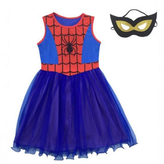 Vestido de Verão Infantil Sem Mangas do Homem-Aranha Azul com Máscara
