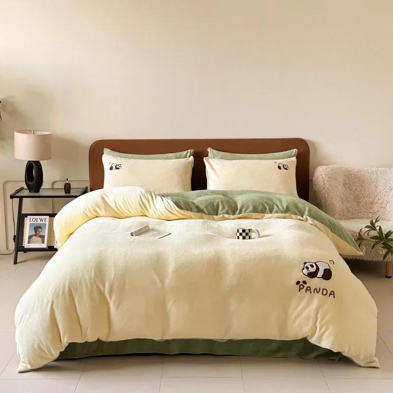 2025 high gram weight thickened warm cute cartoon milk fleece four-piece set embroidered baby fleece double-sided fleece bedding