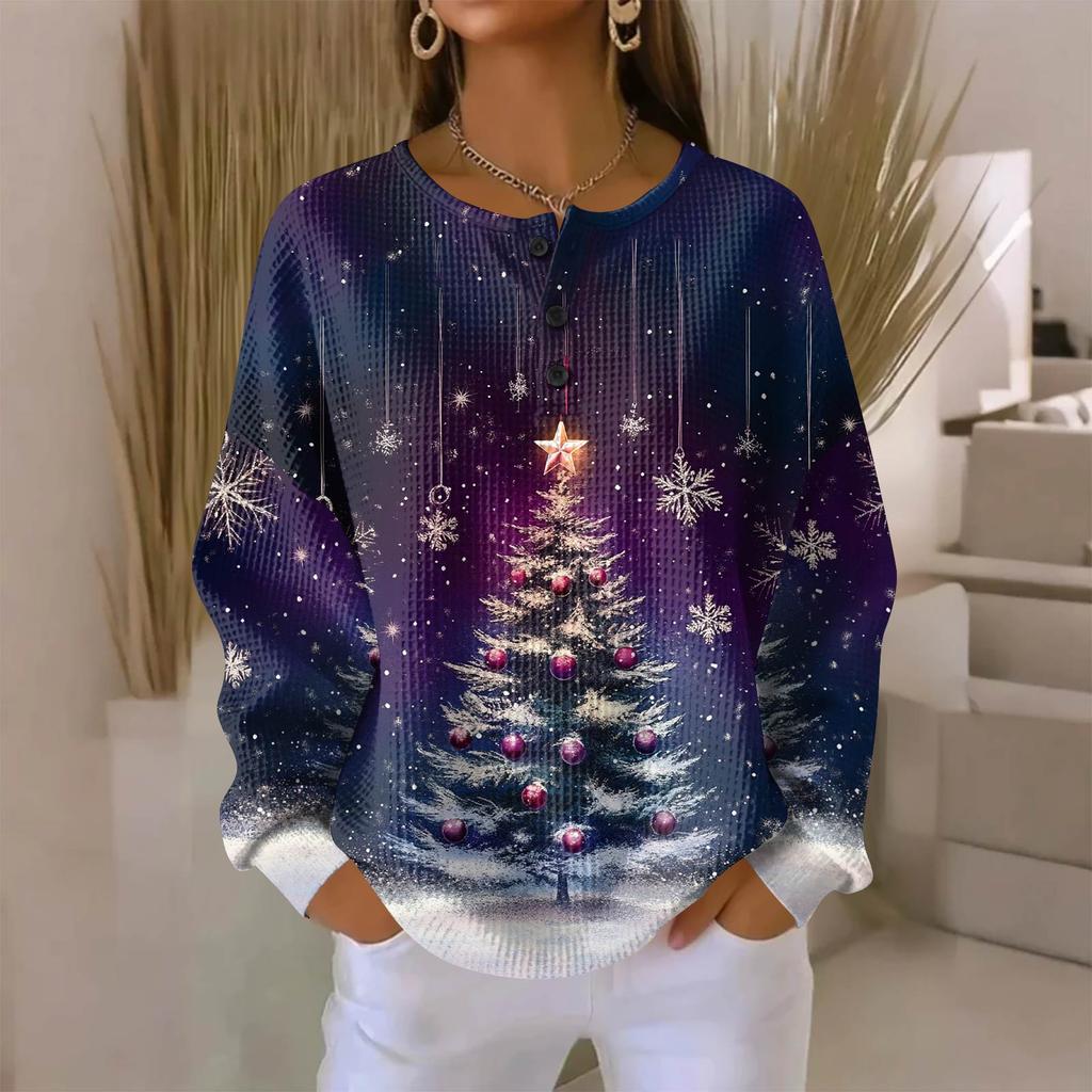 Camicia da donna alla moda casual con stampa natalizia, scollo a V, maniche lunghe e abbottonatura.