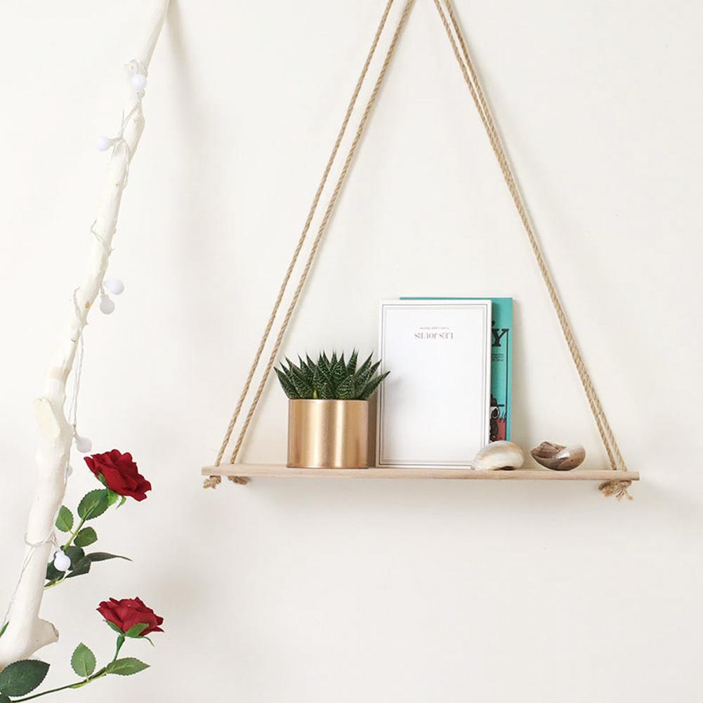 2pcs Wooden Wall Storage Rack Sling Rope Hanging Plant Flower Pot Shelves Home Decorations