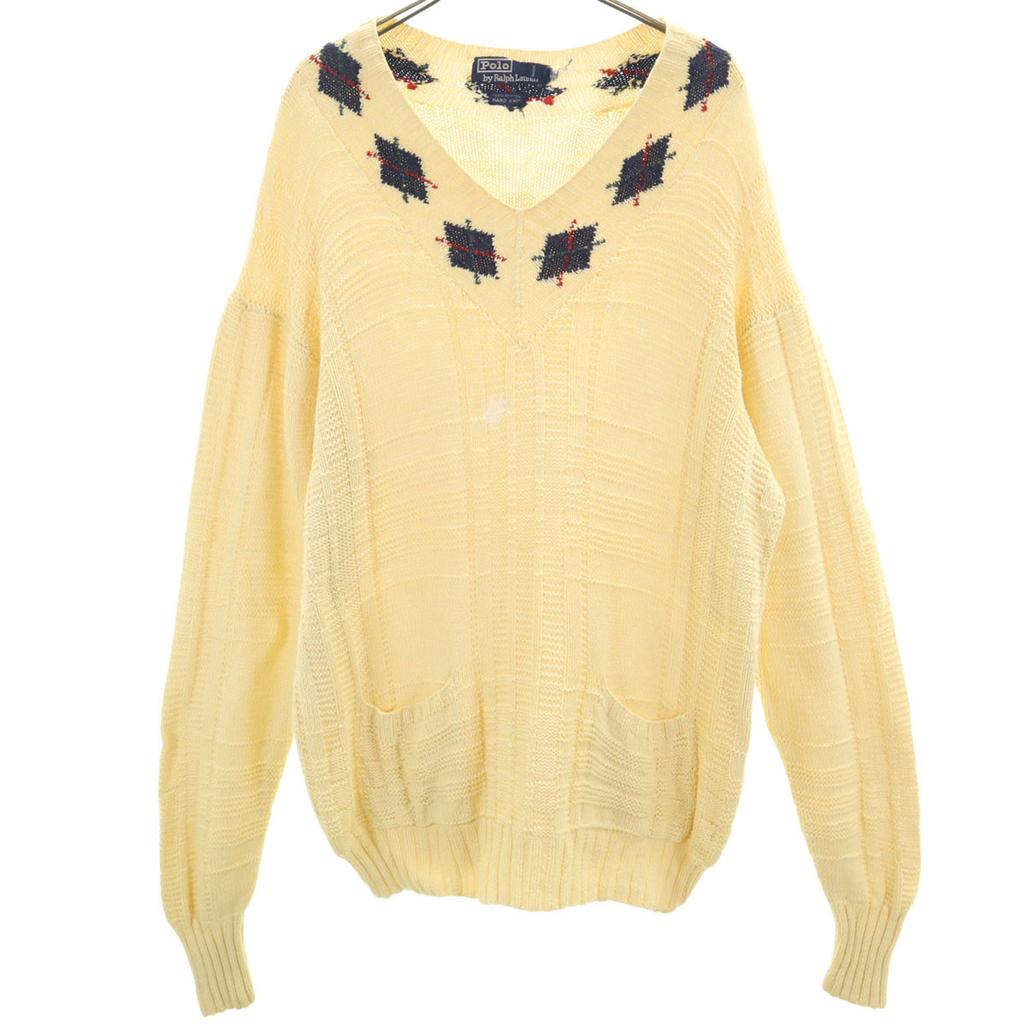 Polo by Ralph Lauren 90s Old Hand Knit Argyle Pattern Long Sleeve V Neck Knit Men's Used
