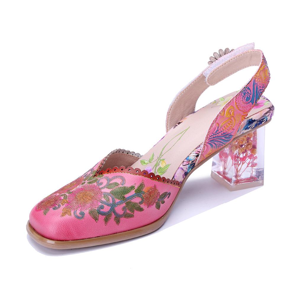 

Johnature Handmade Genuine Leather Retro Court Style Exquisite Carved Comfortable High-heeled Sandals 36 розовый