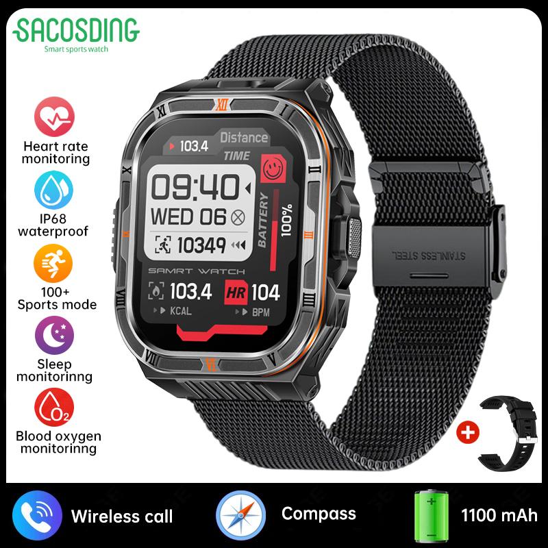 New 1100mAh Battery Outdoor Ultra Durable Men Smartwatch Flashlight Heart Rate Bluetooth Call IP68 Waterproof Sports Smart Watch