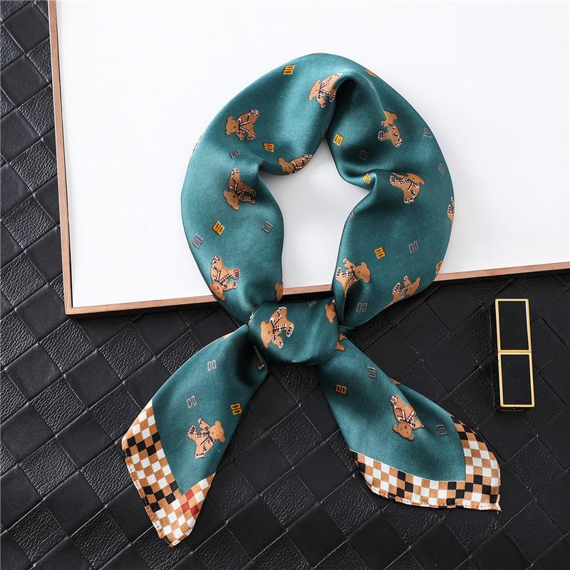 Small scarf scarf, cute scarf, printed literary square scarf, silk scarf, new simple simulation silk woman scarf, bear Korean version