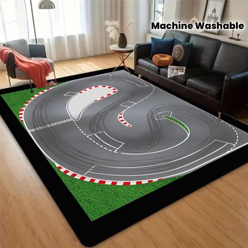 

Sports Style Track Carpet Theme Ground Mat Red and White Boundary Lines Accurately Outlining Curves Green Grass Location Carpet 40X60cm