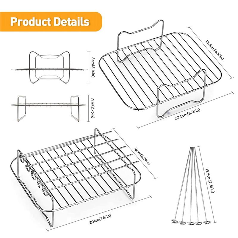 ABWR-2PCS Air Fryer Rack, Air Fryer Double Layer Rack, Multi-Purpose Air Fryer Parts Grilling Rack With 5 Skewers