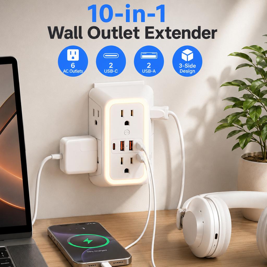 10-in-1 Outlet Extender with Night Light, 6 AC Outlets, 2 USB-C & 2 USB-A, 1050J Surge Protector, 3-Sided Multi Plug Adapter