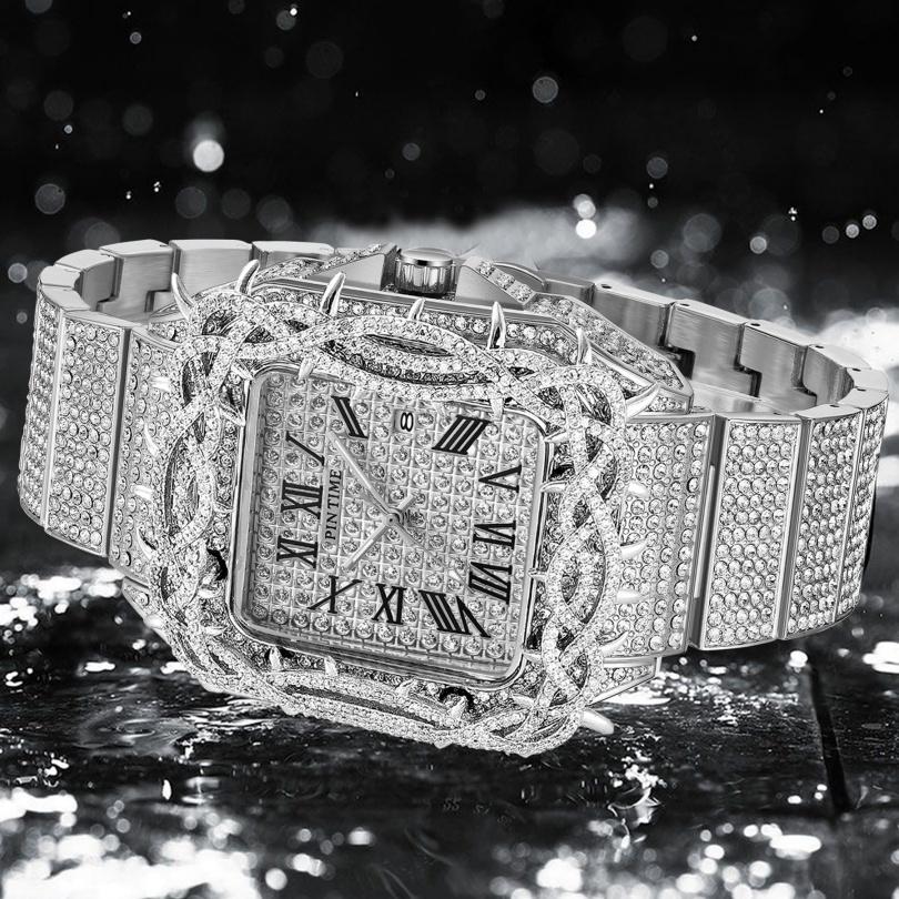 Y2k Watch For Men Fashion Luxury Gold Square Diamond Full Sky Star Male Clock Watches New Skeleton Flower Quartz Wristwatch