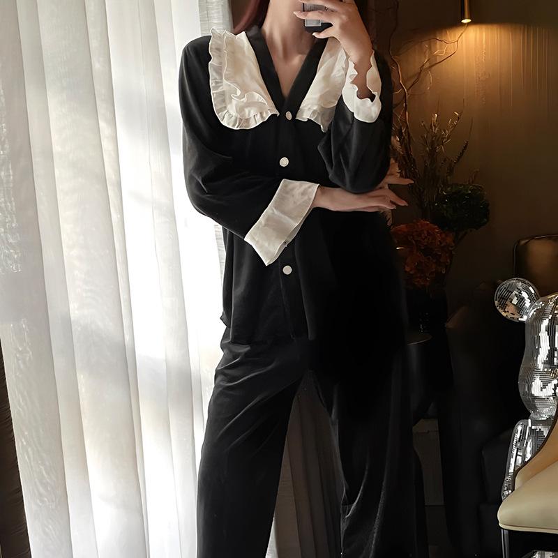 

Пижамный комплект в стиле «милый дворец», флисовый женский пижамный комплект из свободного бархата, домашняя одежда с кукольным воротником, ночная рубашка XL чёрный