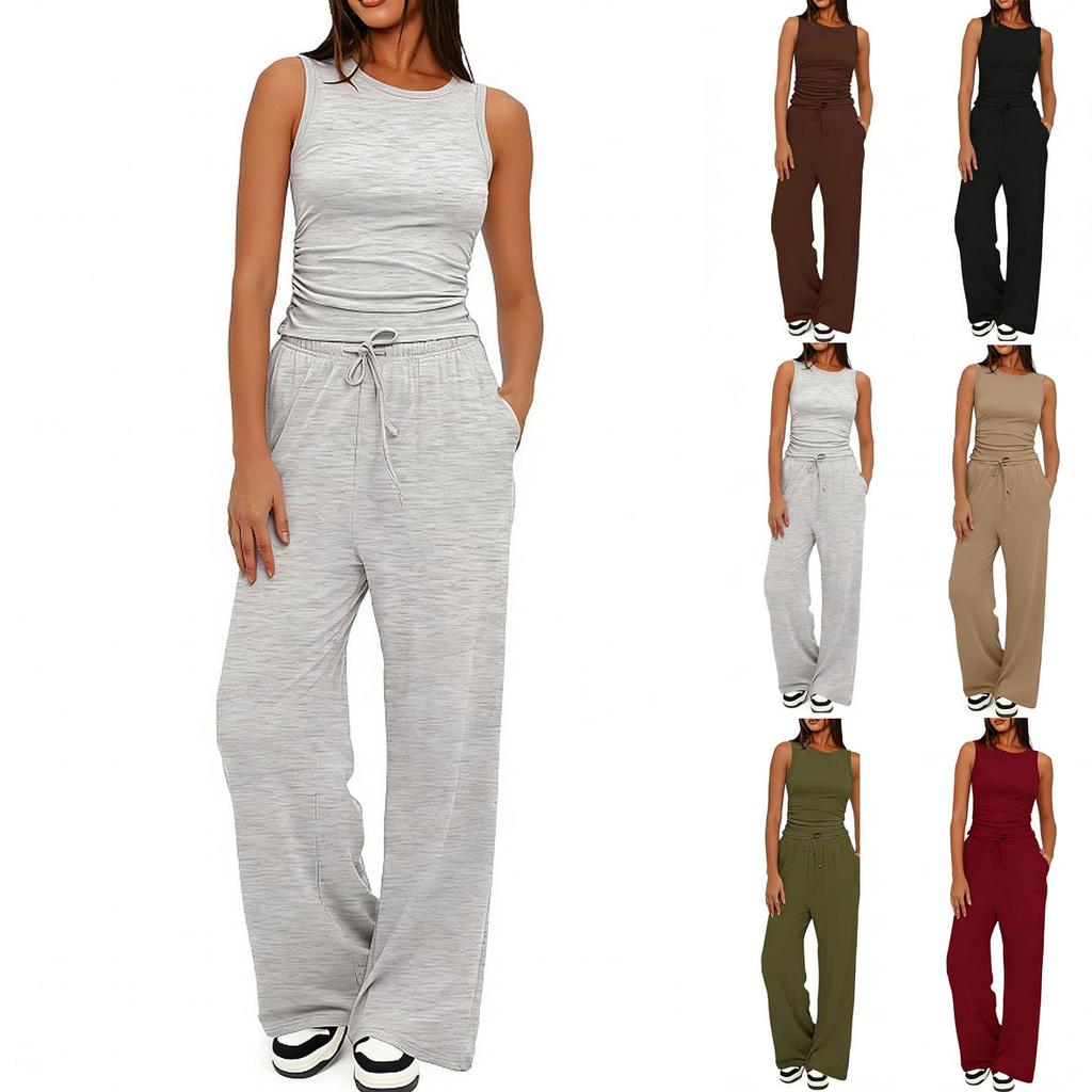 Women's Casual Two Piece Outfit Sleeveless Ruched Tank Top Drawstring High Waist Wide Leg Pants Tracksuit