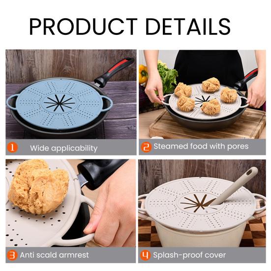 Anti-spill Lid Silicone High Temperature Resistant Reusable Kitchen Cover with Anti-scald Handrails Steam Hole Design