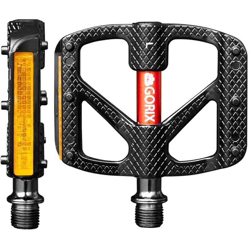 

GORIX bicycle pedals ultra light aluminum Thin wide flat pedal (GX-FY610) [Reflector With reflector Red shaft, stylish, pedal replacement, non-slip]