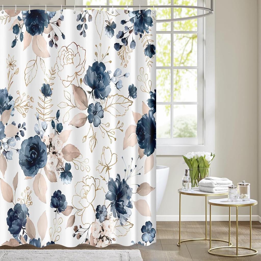 Shower curtain with blooming bright pink and white roses, watercolor leaves and floral bathroom decor with hooks
