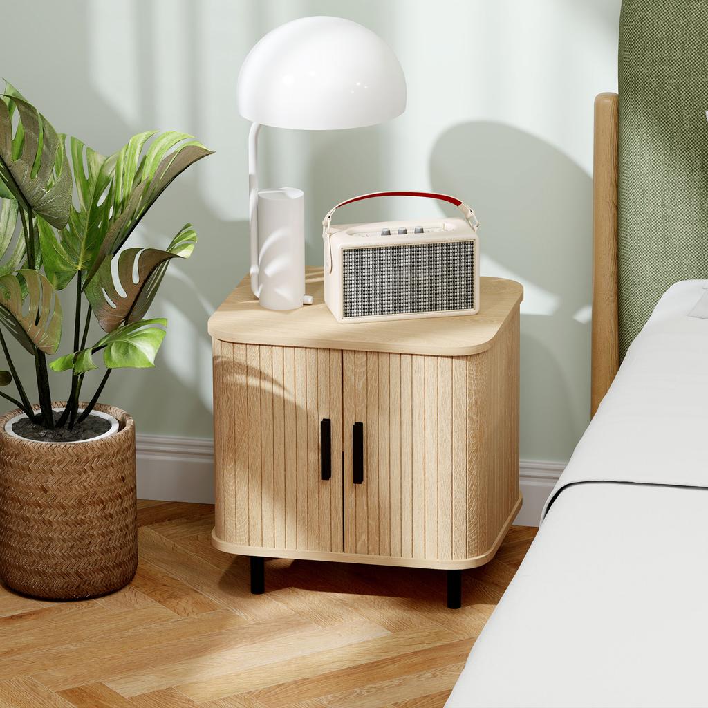 Nightstand with Sliding Doors and Metal Legs Oak Tone