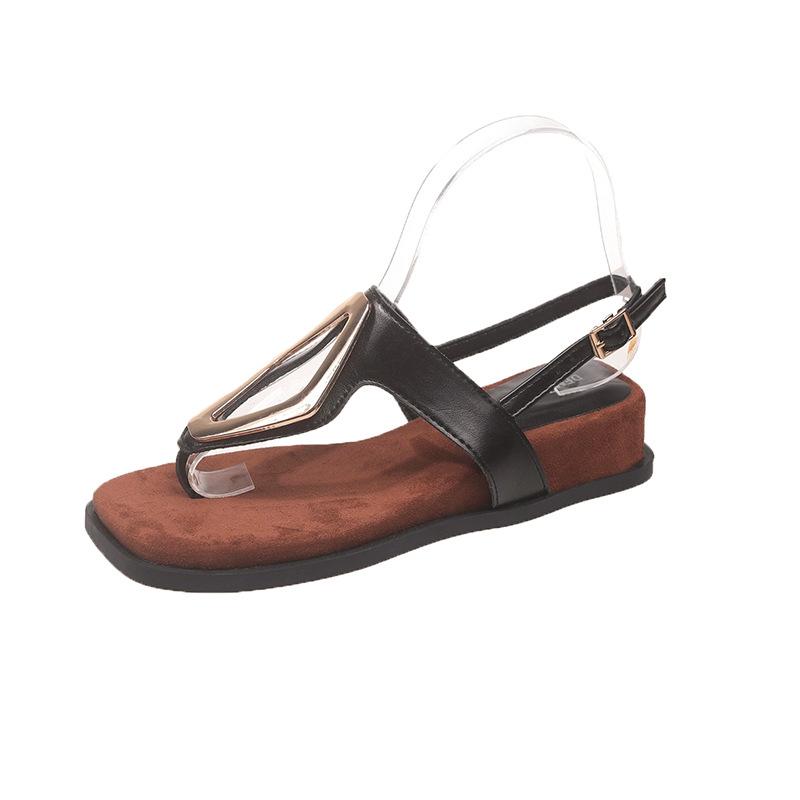 

French casual wedge sandals retro style metal square buckle foot cold slippers summer wear women s toe sandals 40 чёрный