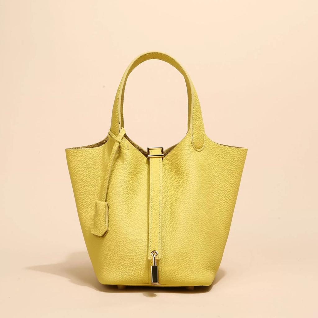 Vegetable Basket Bag, First Layer Cowhide Tote Bag, Commuter Bucket Bag, Women's Genuine Leather Bag, European and American Retro.