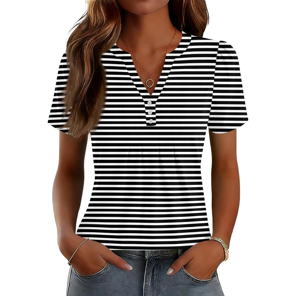 Damen Oberteile Festlich Lässig V-Ausschnitt Kurzarm Hemden Plissierte Blusen Knopfleiste Tunika