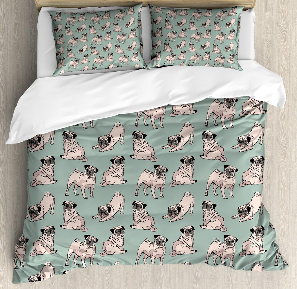 Carton Pug Soft Duvet Cover Set Children Kids Lovely Dog Print Beding Set Young Boys Tens Young Girls Desert Donut Rom Decor Warm Comforter Cover