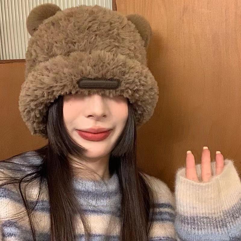 Cute bear plush knitted hat children autumn and winter thickened warm bald hat imitation fur pullover basin hat
