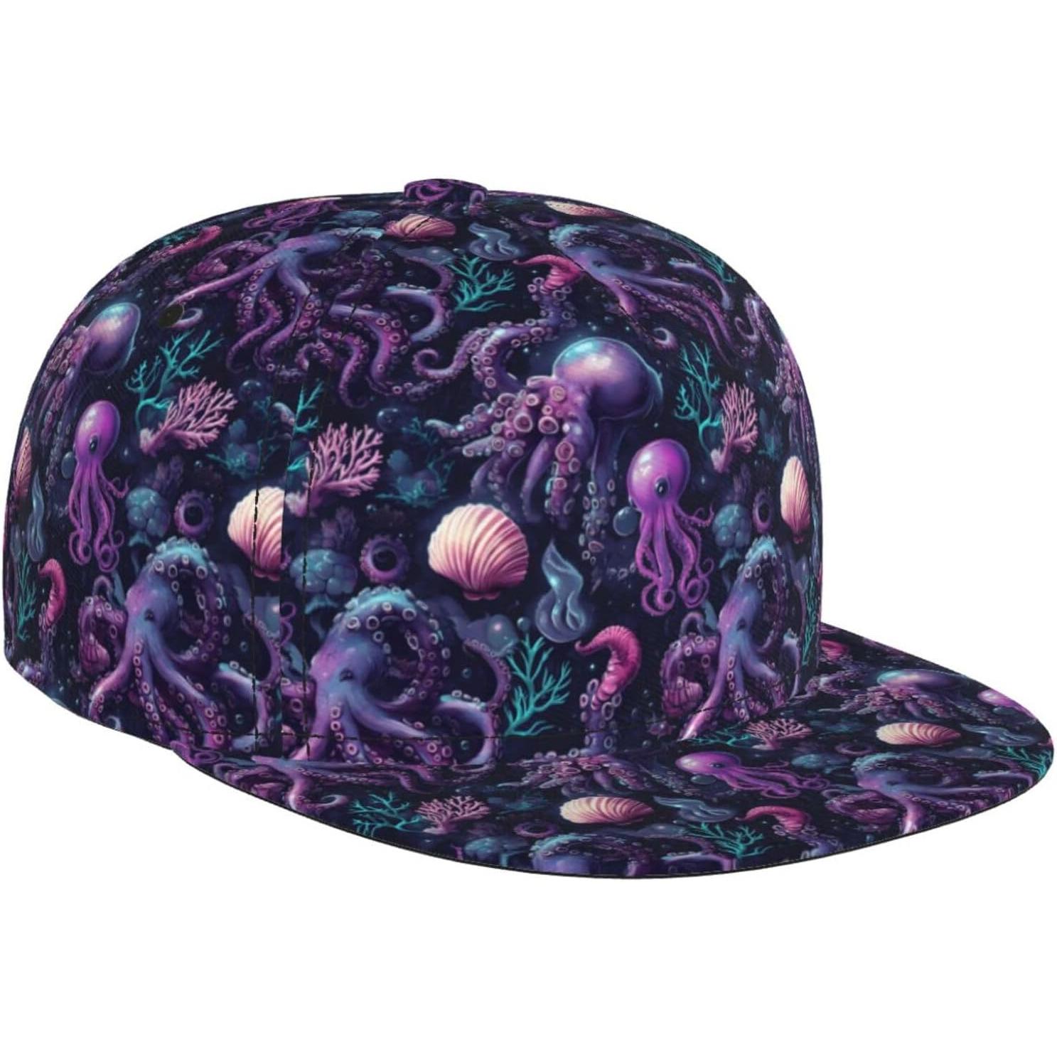 

Trucker Hats for Men Women Adjustable Comfy Cartoon Purple Octopus Print Flat Bill Baseball Cap Golf Hat Dad Hat Snapback One Size