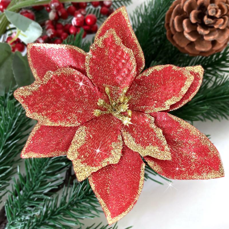 5/10Pcs 13cm Glitter Artificial Christmas Flowers Christmas Tree Decorations for Home Xmas Ornaments New Year Decor Fake Flowers