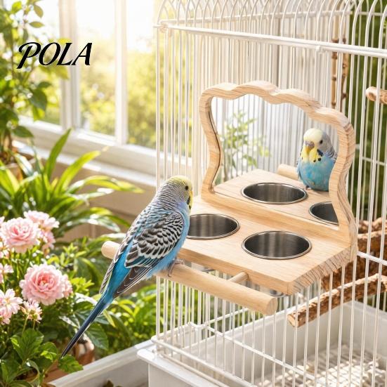 Houten Papegaai Zitstok 1 Set Voederplateau, Vogelkooi met 2 Afneembare Roestvrij Stalen Kooi Bakjes, Houten Stok, Spiegel, Accessoires Parkieten