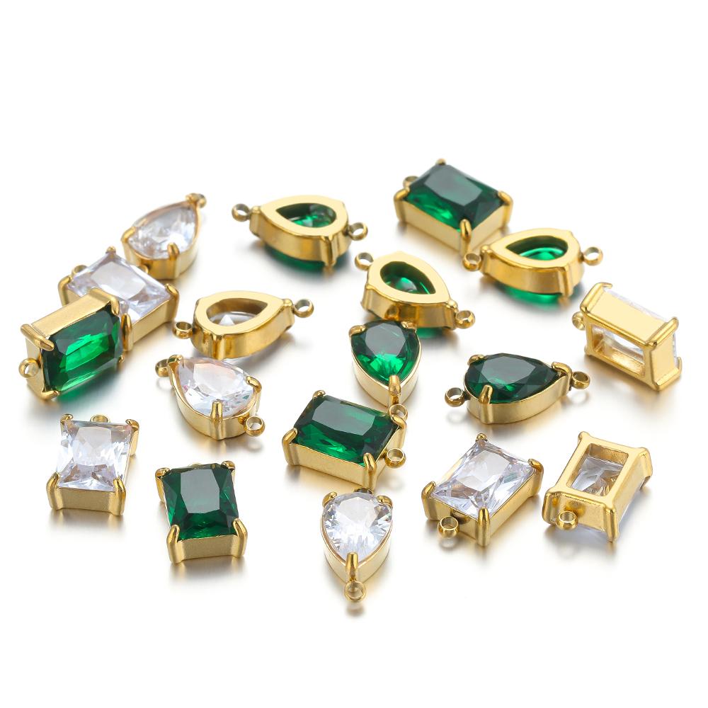 5pcs Stainless Steel Drop Shape Green Zircon Charms Pendants for DIY Jewelry Findings Necklace Beacelet Earrings Making Supplies