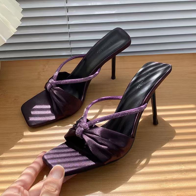 Fashion Purple Satin Rhinestone One-Strap Sandals for Women 2025 Summer New Bow Open-Toe Thin High-Heeled Slippers Casual Fashion Slides