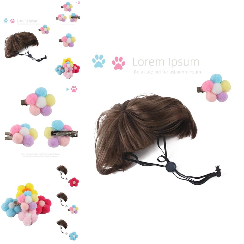 Adorable Pet Wig Set With Brown Bob Hairstyle And Colorful Flower Hairpins For Dogs And Cats