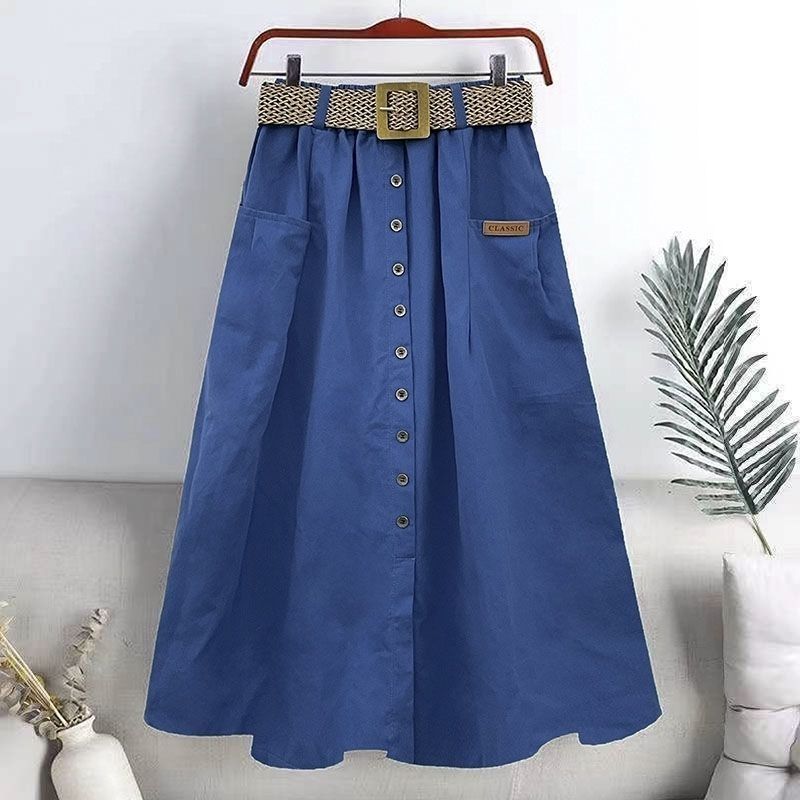Women's Cotton Skirt Spring Summer Elasticated High-rise Skirt Split Midi A-line Skirt with Belt Pockets