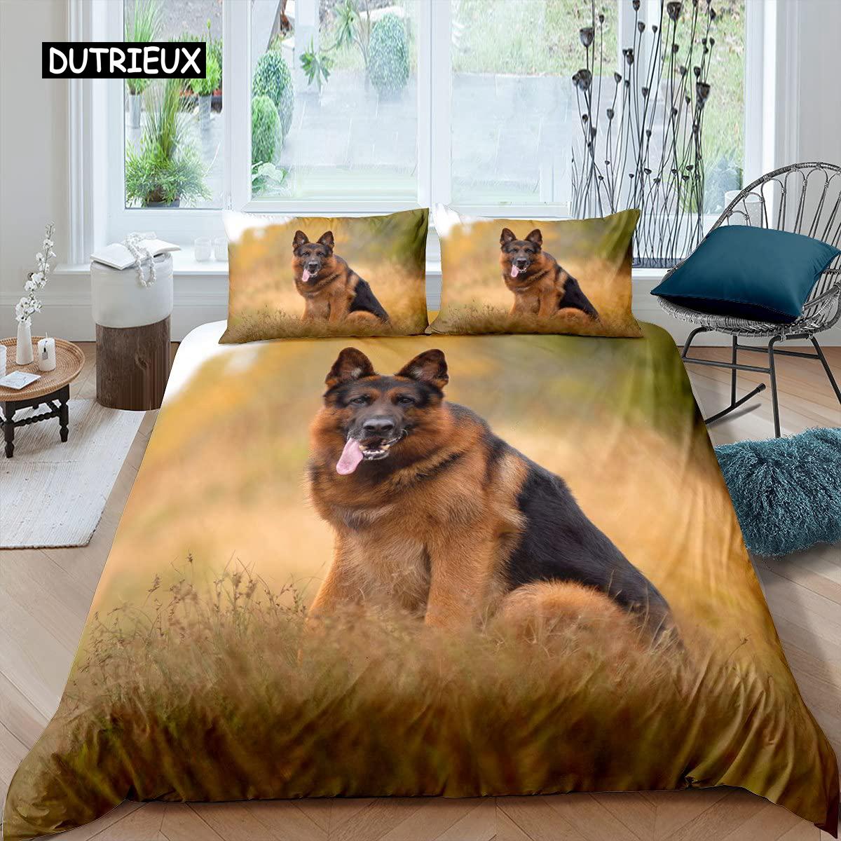 Duitse Herder Dekbedovertrek Set 3D Duitse Herder Puppy Print Beddengoed Set voor Kinderen Jongens Meisjes Huisdier Dier Thema Dekbedovertrek AU Double(180x210cm)