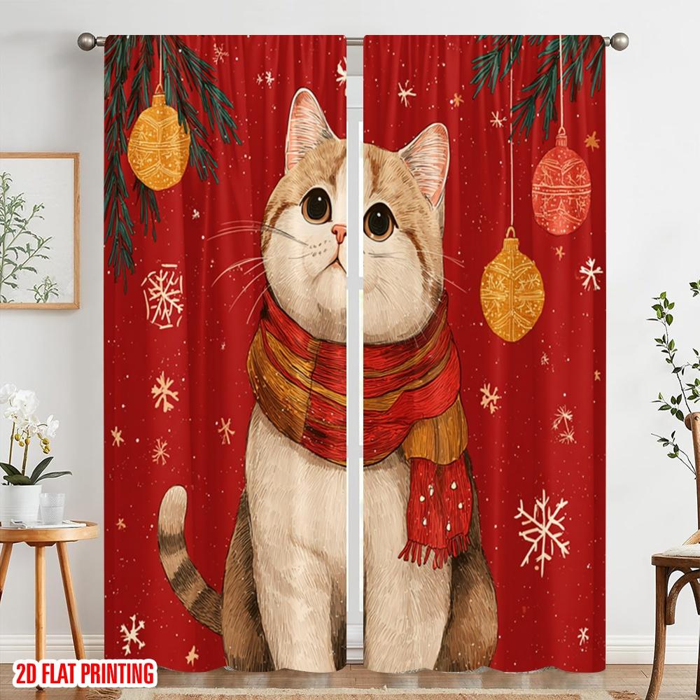 2pcs,2D Plane Printing Contemporary Curtains Snowflake Cat 100% Polyester (without Rod) Versatile All Use for Bedroom Living