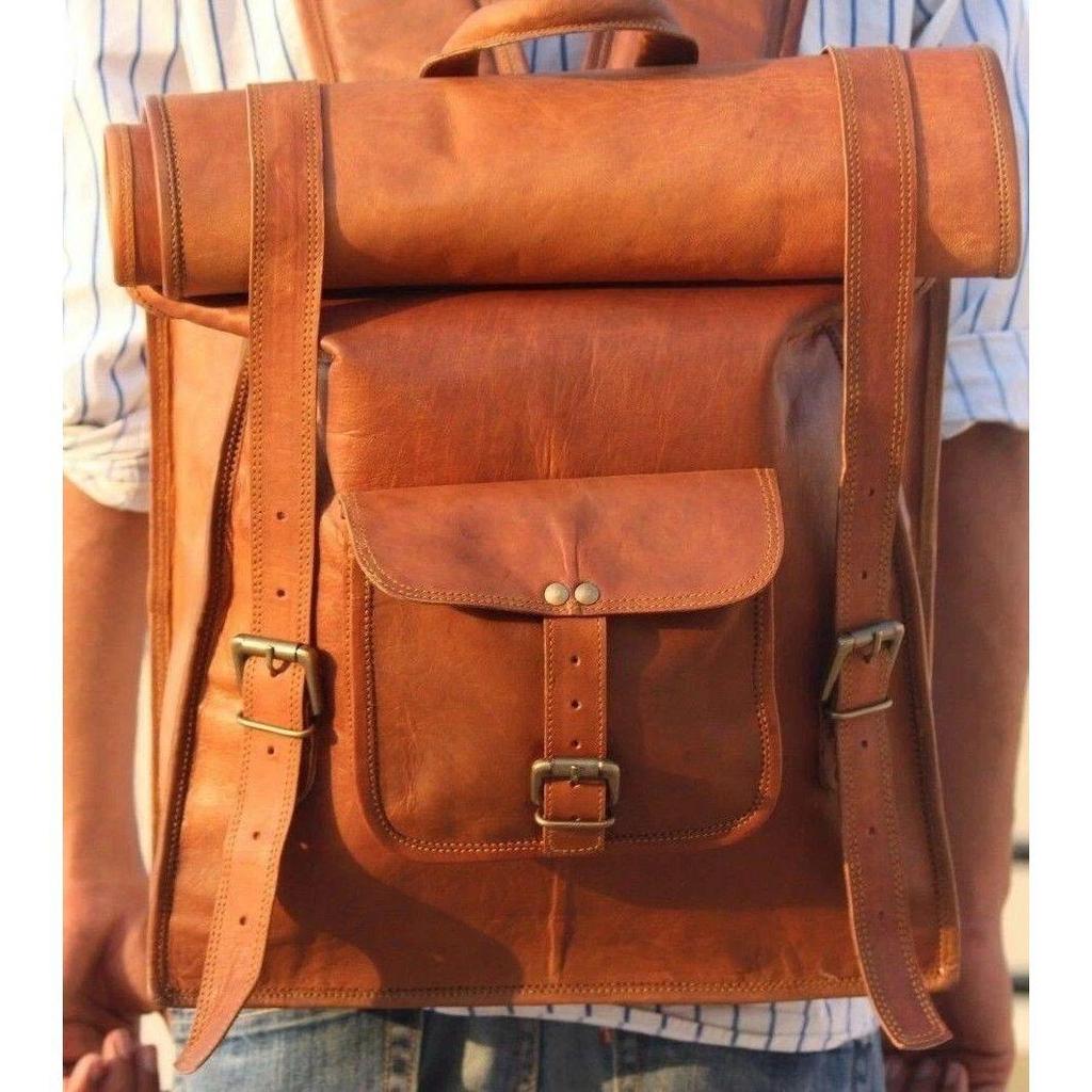 Rucksack Genuine Brown Messenger Bag Leather Backpack Laptop Travel