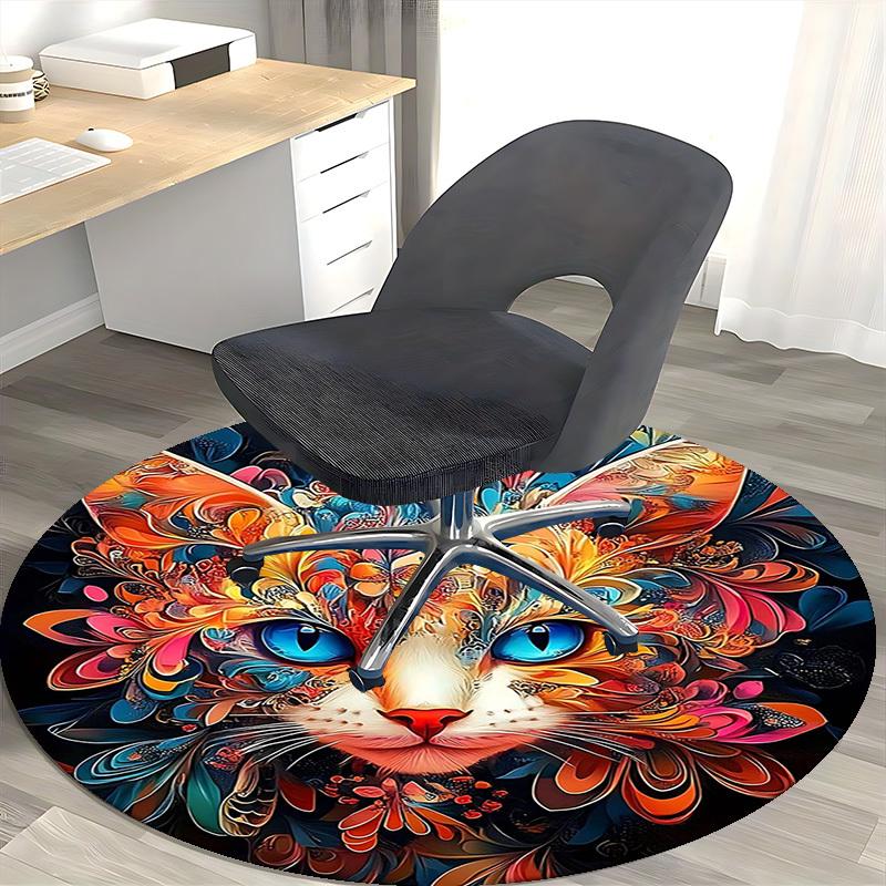1pc Colorful Floral Cat Round Carpet Office Chair Mat, Anti Slip Rug for Home Decor, Festival Gift, Office, Living Room, Bedroom