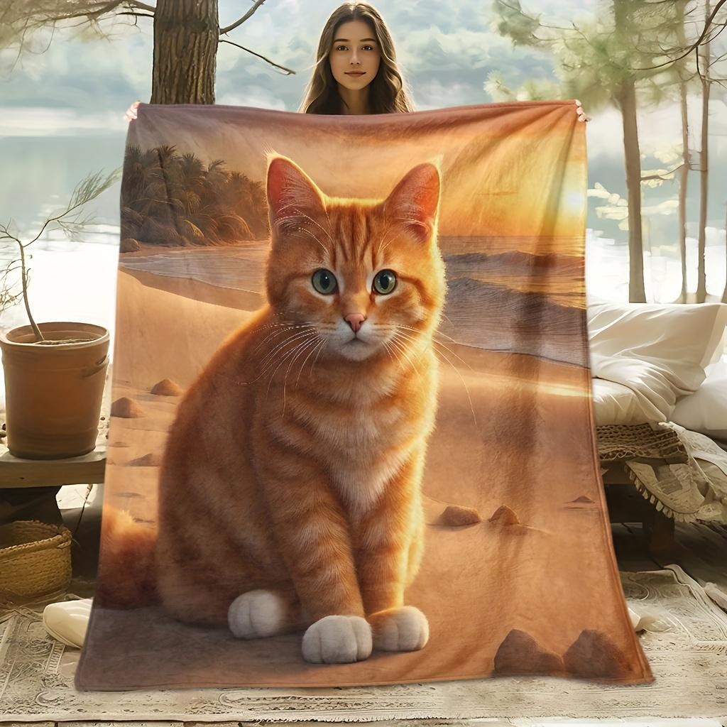 A Cozy and Adorable Orange Tabby Cat-themed Flannel Blanket with Soft High-definition Digital Printing, a Perfect Gift for Family and Friends Suitable