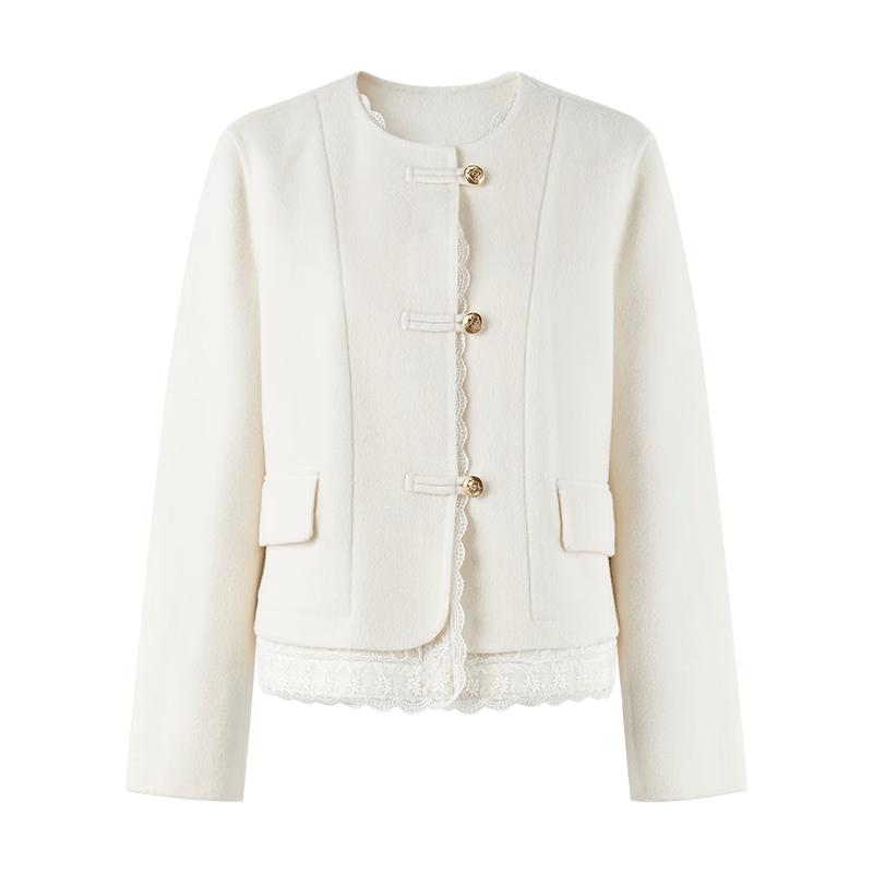 QiuShuiYiRen Women s H-Line Lace Trim Wool Coat M