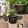 Weather Resistant Garden Pots Resin Flower Planters, Vintage Plant Pot with Drainage Hole & Saucer, Lightweight Classical Patterned Planters
