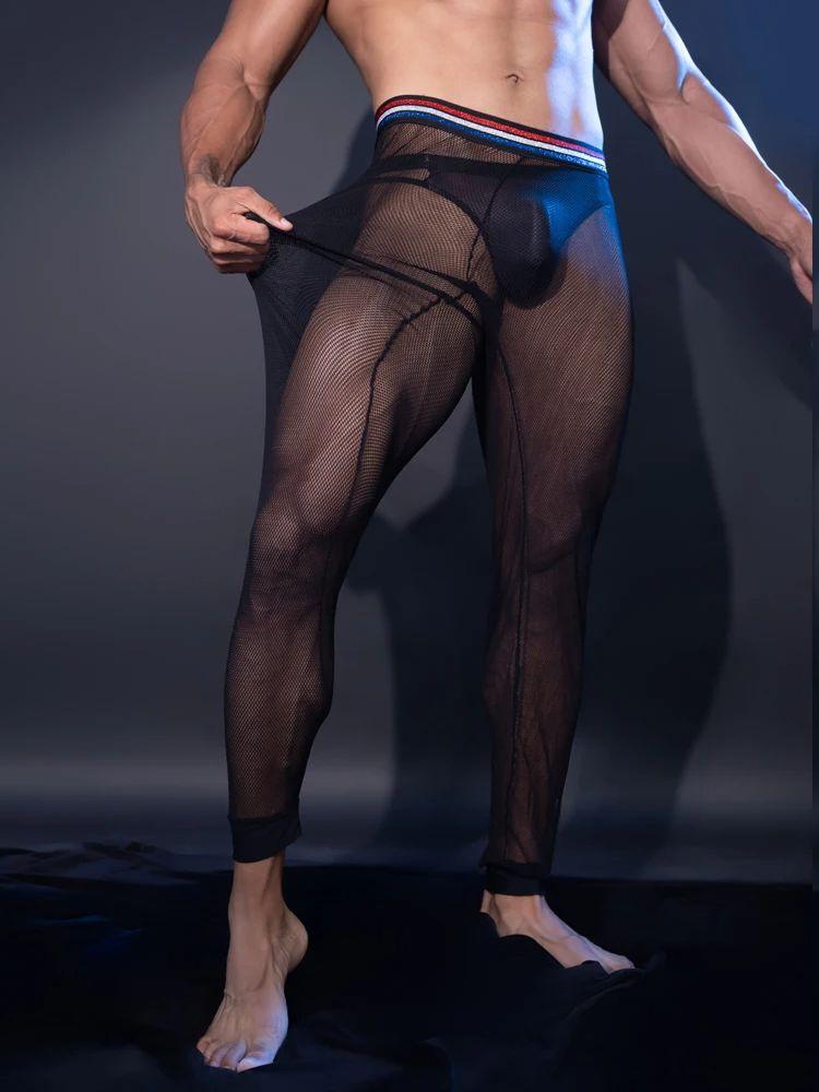 Sexy Men Mesh See Through Tight Pencil Pants Fashion Club Pants Transparent Men'S Pyjama Trouser Sleep Pant Black Home Wear