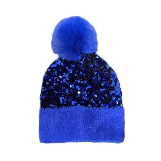 Women Knitting Hat Plush Ball Decor Shiny Sequins Decor Brimless Hat Winter Warm Furry Bucket Hat Headwear