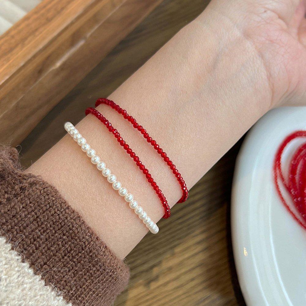 Q&A Silver 925 Crystal Bead Red Gemstone Bracelet