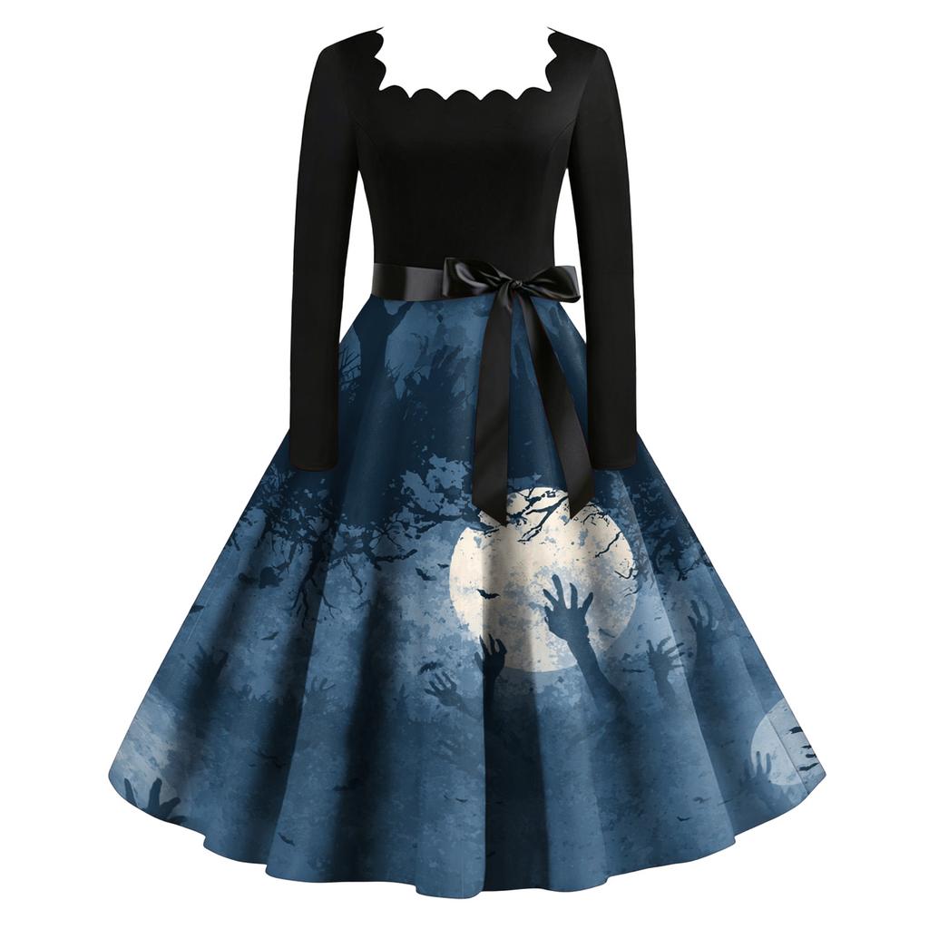 Vintage Long Sleeve Square Neck Halloween Party Dress with Printed Skirt and Waist Tie Retro Style Midi Dress for Women