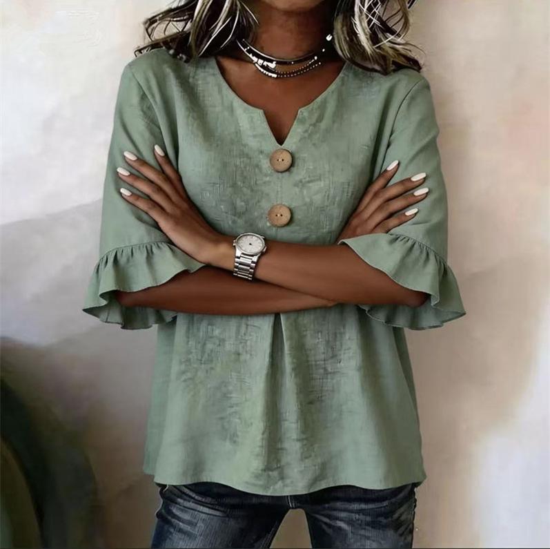 2026 New European & American Women's Summer V-Neck Cotton Linen Shirt - Fashionable Button-Down Top