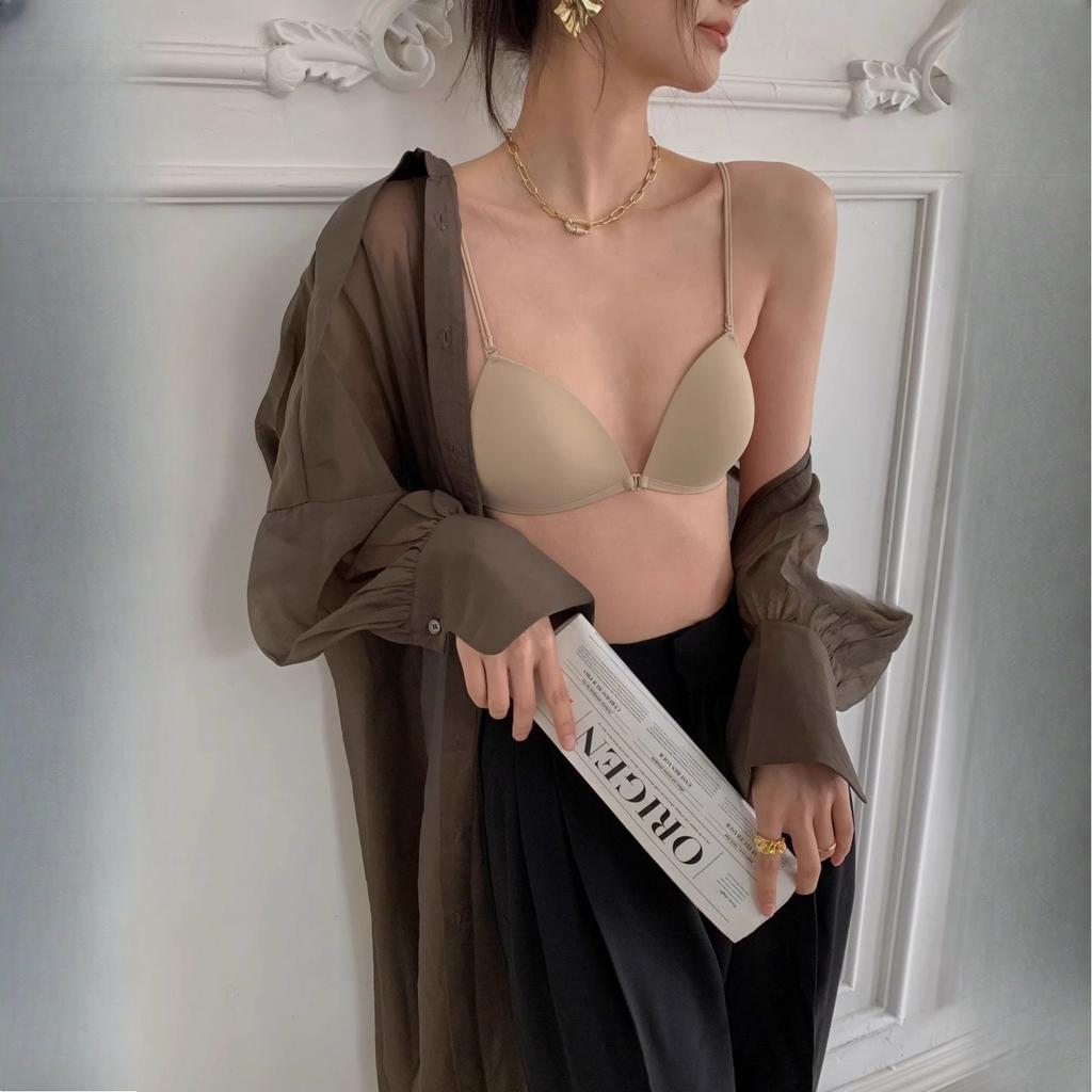 Women's Front Closure Bra French Triangle Cup Push Up for Small Bust Seamless Wireless Low Back Thin Style Backless Underwear