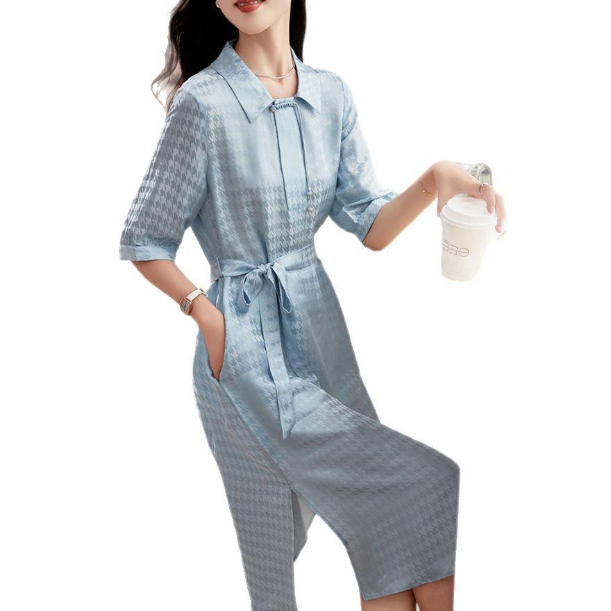 Sangbo satin silk thousand bird grid dress new trendy brand lapel mulberry silk skirt