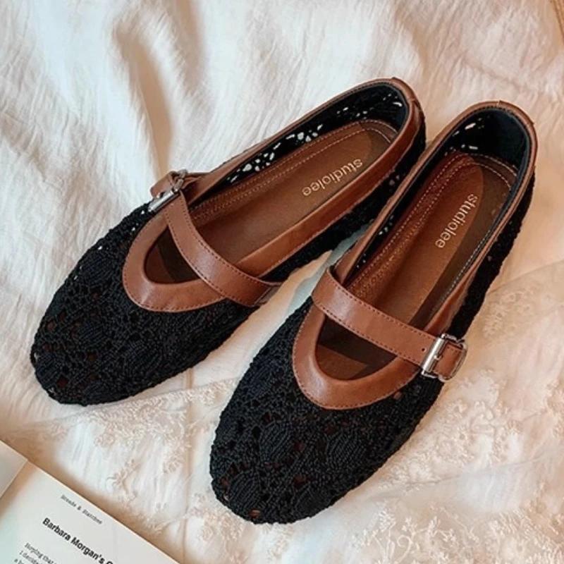 

Fashion Retro Mesh Woven Ballet Flats Women Comfortable Round Toe Shallow Mary Jane Shoes Fashion Buckle Designer Flats Zapatos De Mujer 35 чёрный