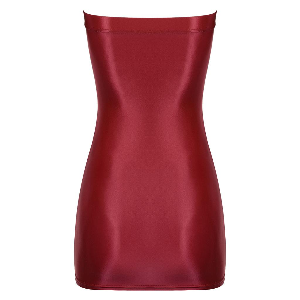 Women's Glossy Sheer Strapless Mini Dress Bodycon Sleeveless Tube Night Club Short Dress