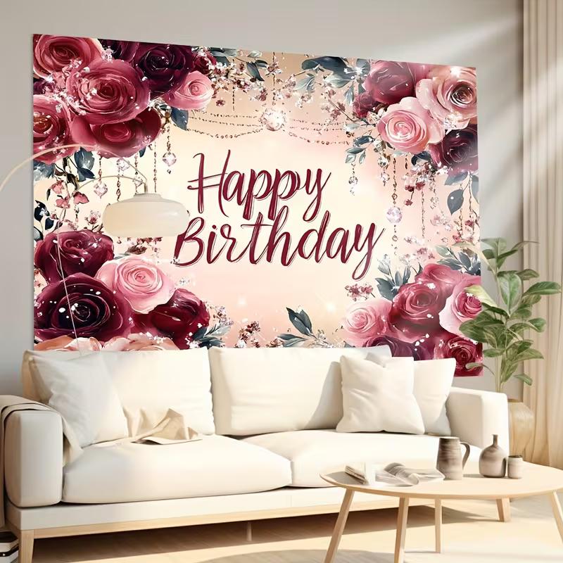 2D Floral Burgundy Pink Happy Birthday Backdrop Banner for Birthday Party Photography Decoration