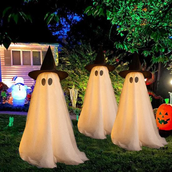Halloween Outdoor Standing Ghost Decoration Light Up Spooky Ghost with Witch Hat And LED String Light for Front Porch Yard Garden Home Decor