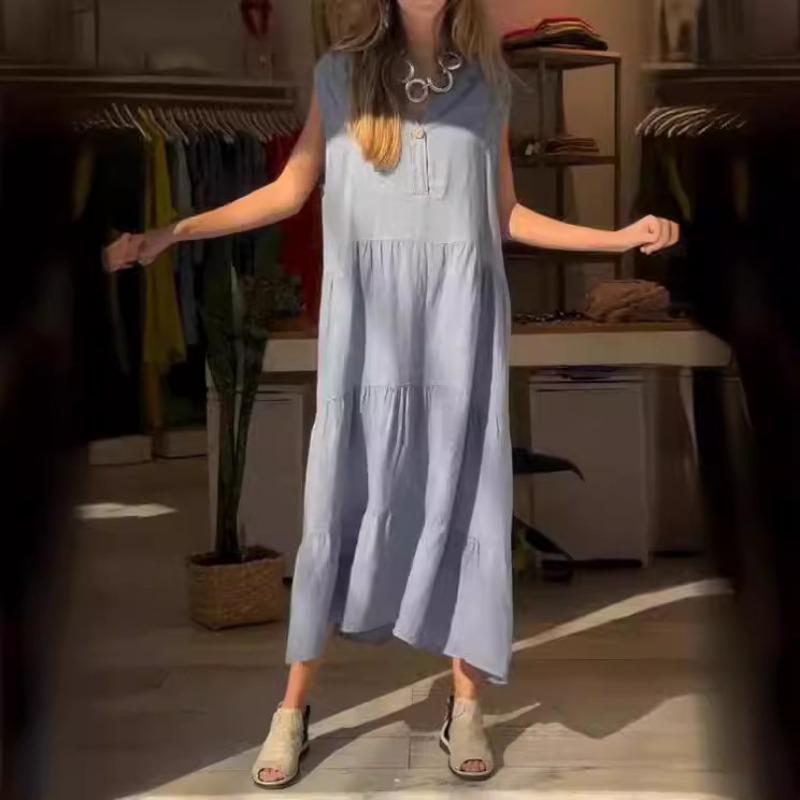 Ny Bomulls- och Linneklänning för Kvinnor, Lång Kjoldel, Utrikeshandel Damkläder